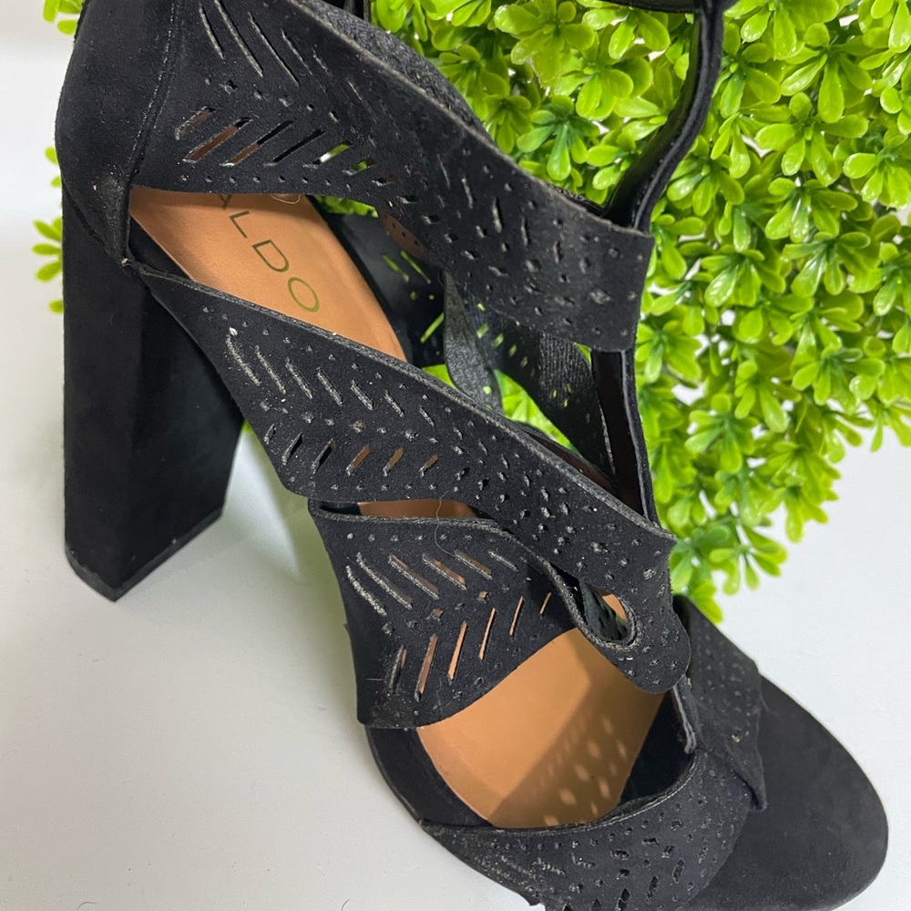 Aldo Black Block Heel Sandals with Cutout Design
